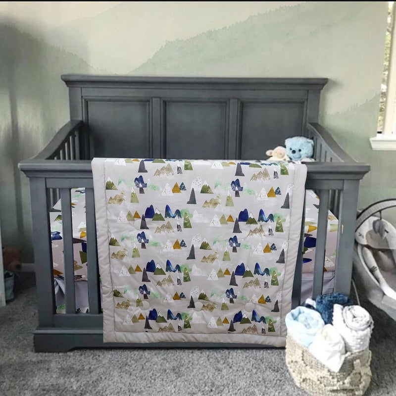 TANOFAR 4 Piece Crib Bedding Set for Boys, Infant & Toddler Nursery Bed Set with Crib Skirt, Quilt, Crib Sheet and Diaper Stacke, Standard Size Soft Baby Bed Set (Grey Mountain) - Image 5